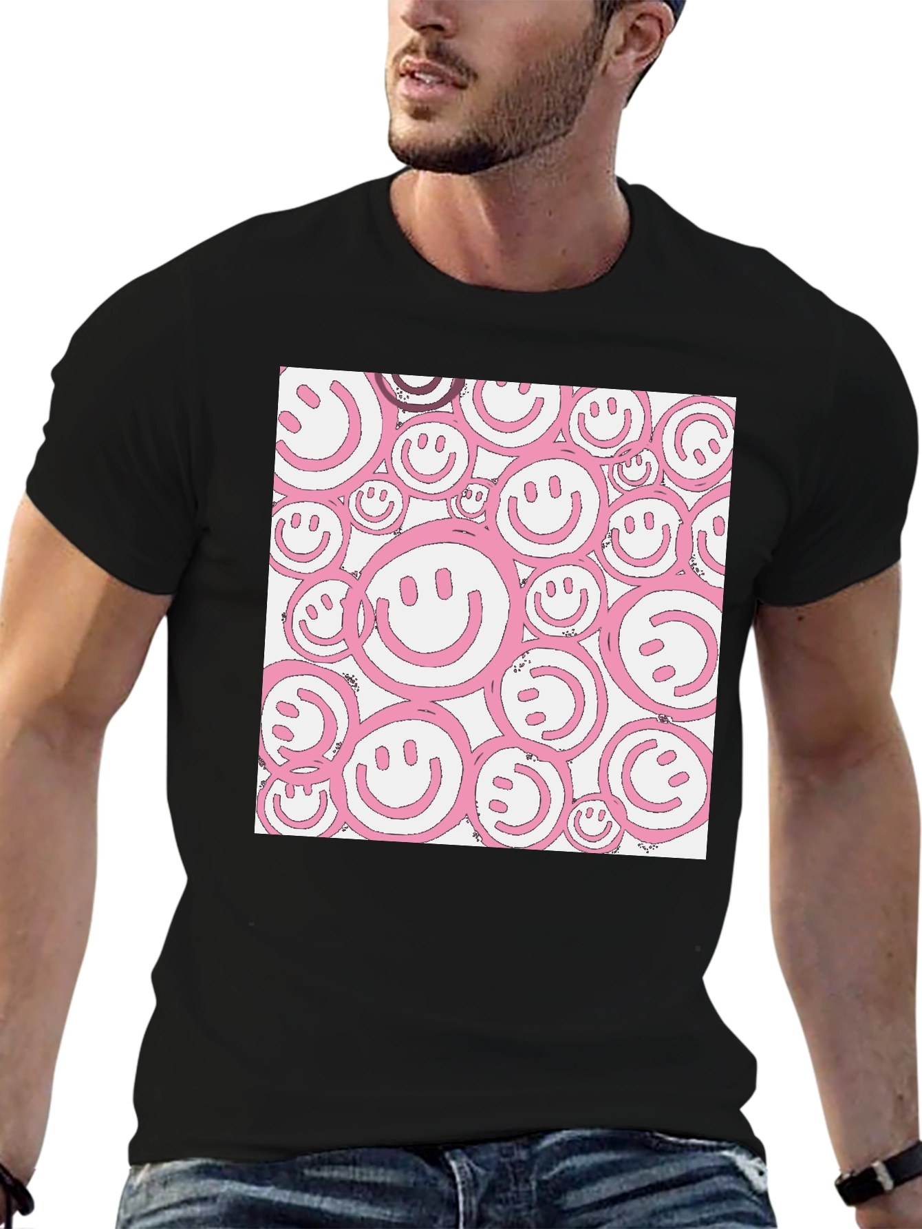 Pink Smiley Face Graphic Black T-Shirt