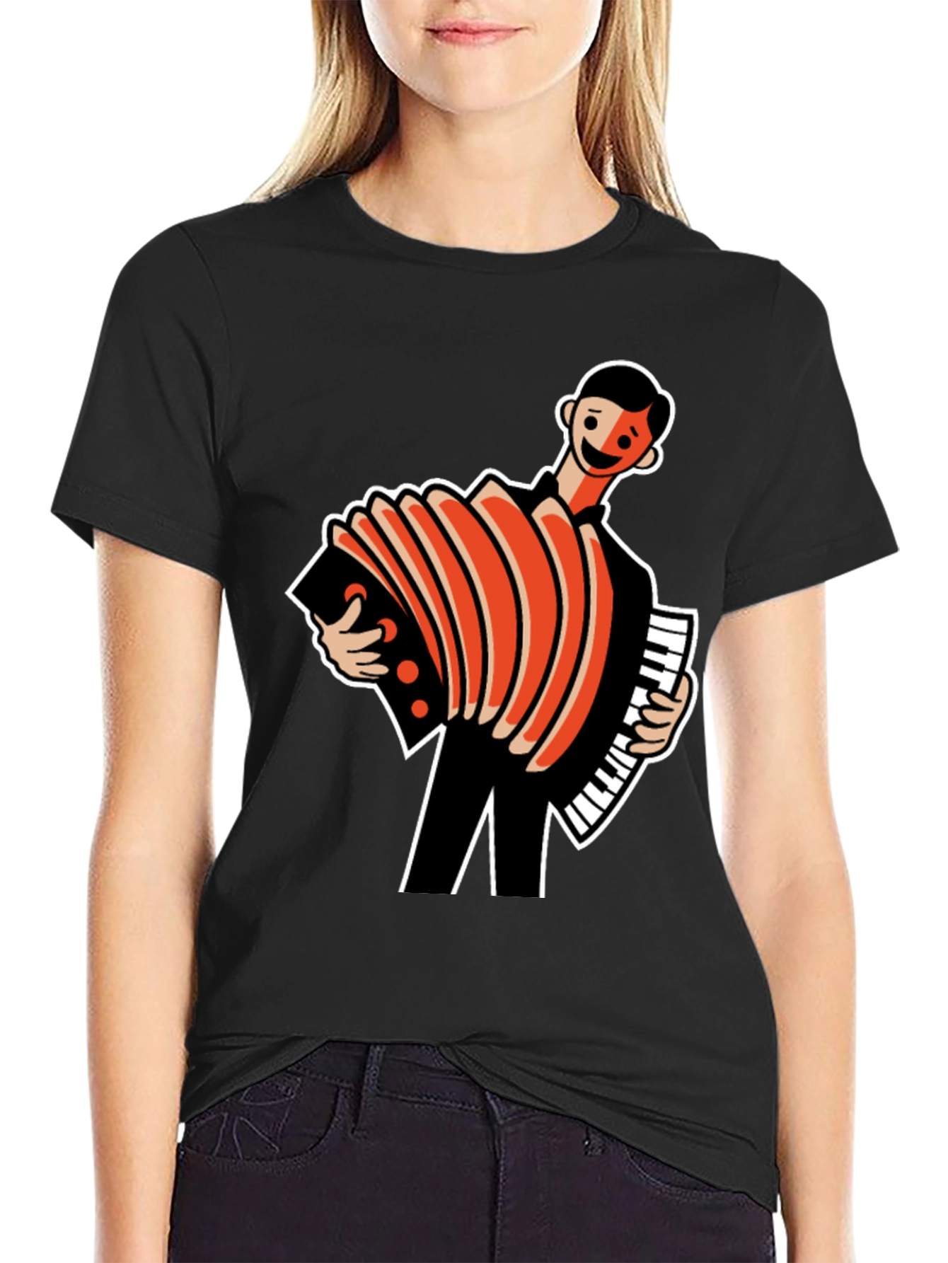 Accordion Player Graphic Tee - Black Cotton T-Shirt