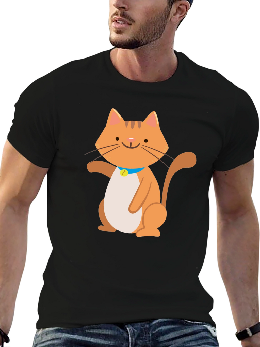 Cute Cartoon Cat Graphic Black T-Shirt