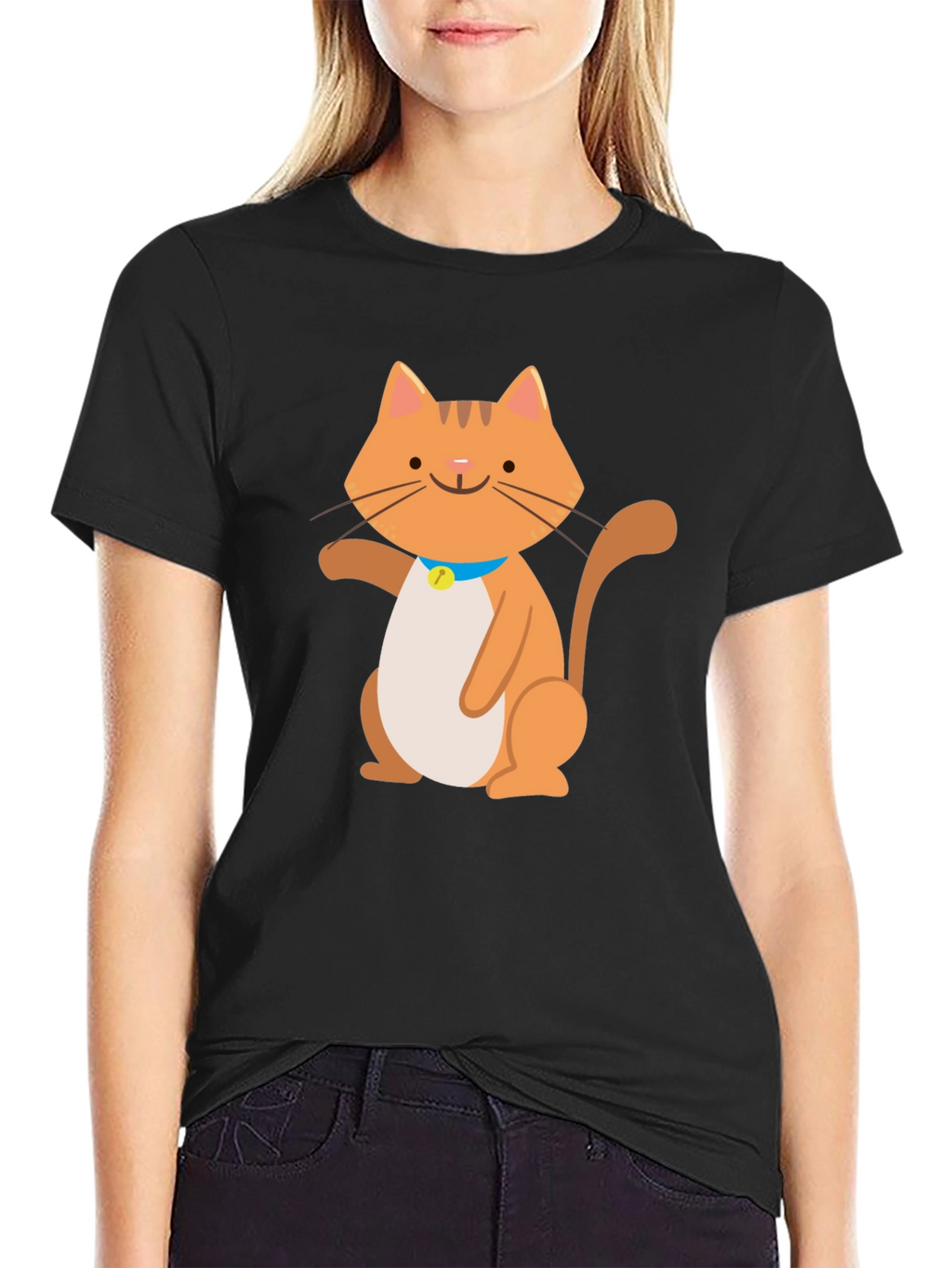 Cute Cartoon Cat Graphic Black T-Shirt