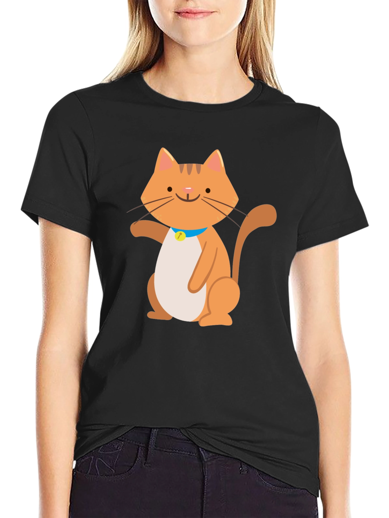Cute Cartoon Cat Graphic Black T-Shirt