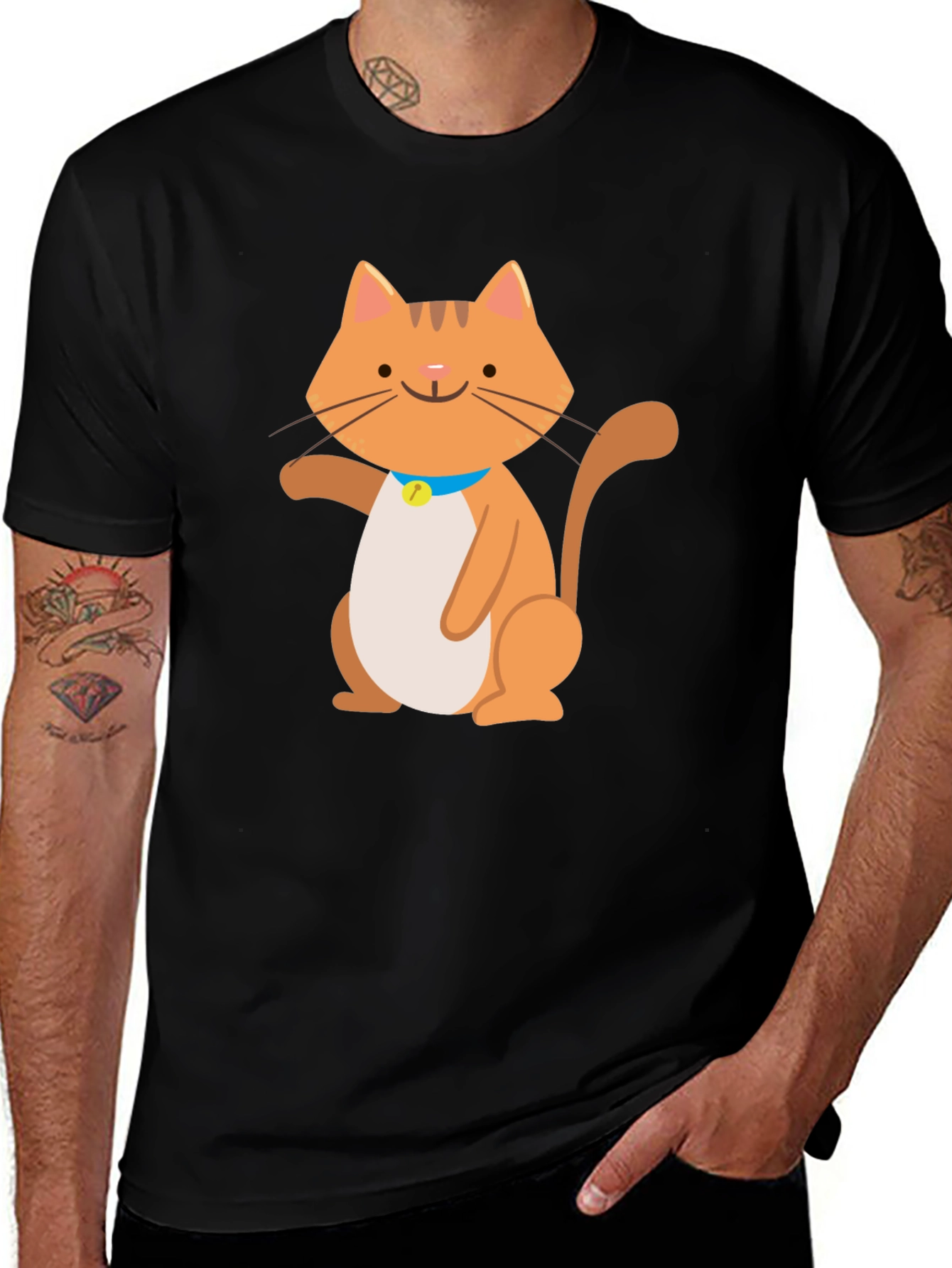 Cute Cartoon Cat Graphic Black T-Shirt