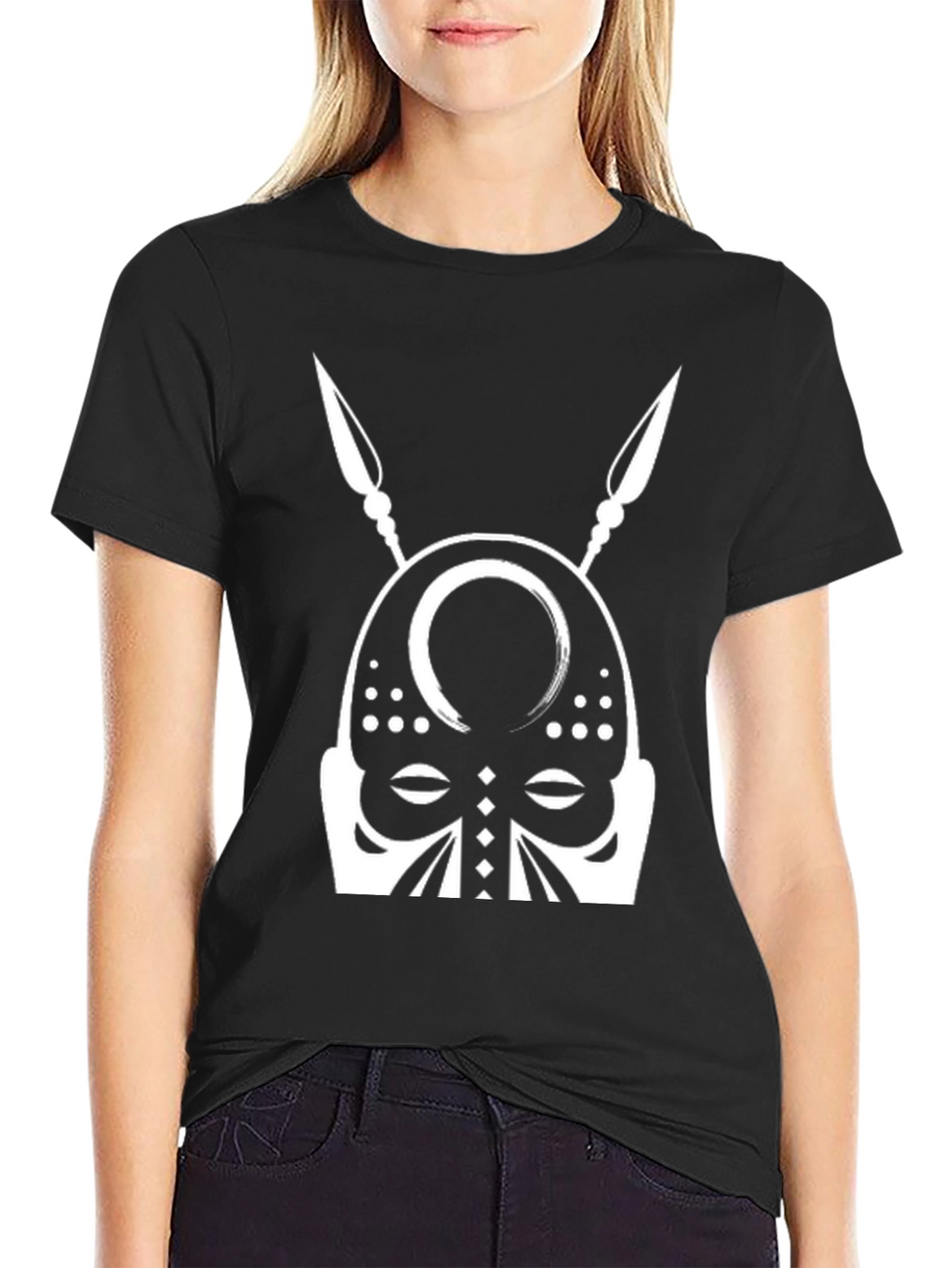 Tribal Mask Graphic Tee - Black Cotton T-Shirt