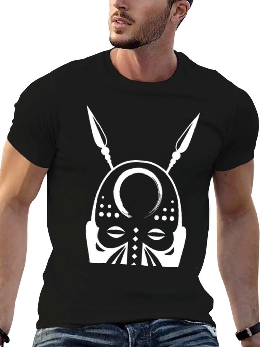 Tribal Mask Graphic Tee - Black Cotton T-Shirt