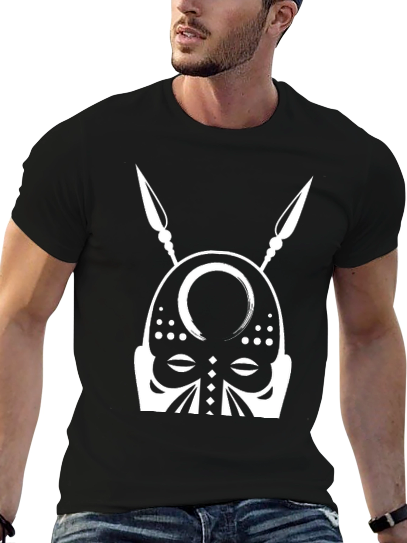 Tribal Mask Graphic Tee - Black Cotton T-Shirt