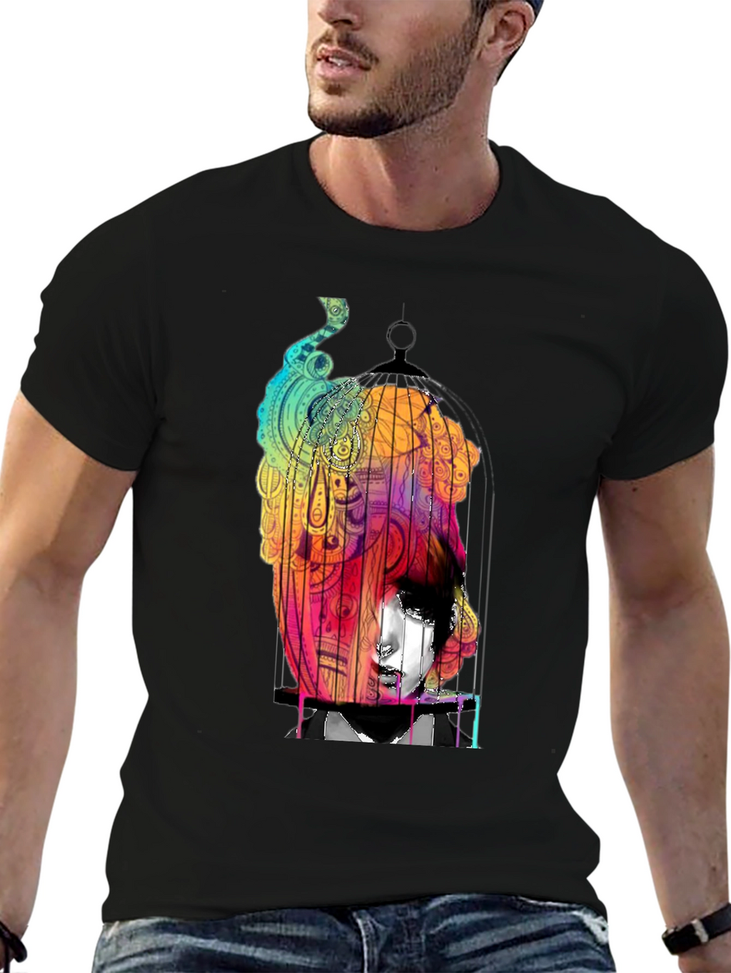 Abstract Birdcage Graphic Black T-Shirt