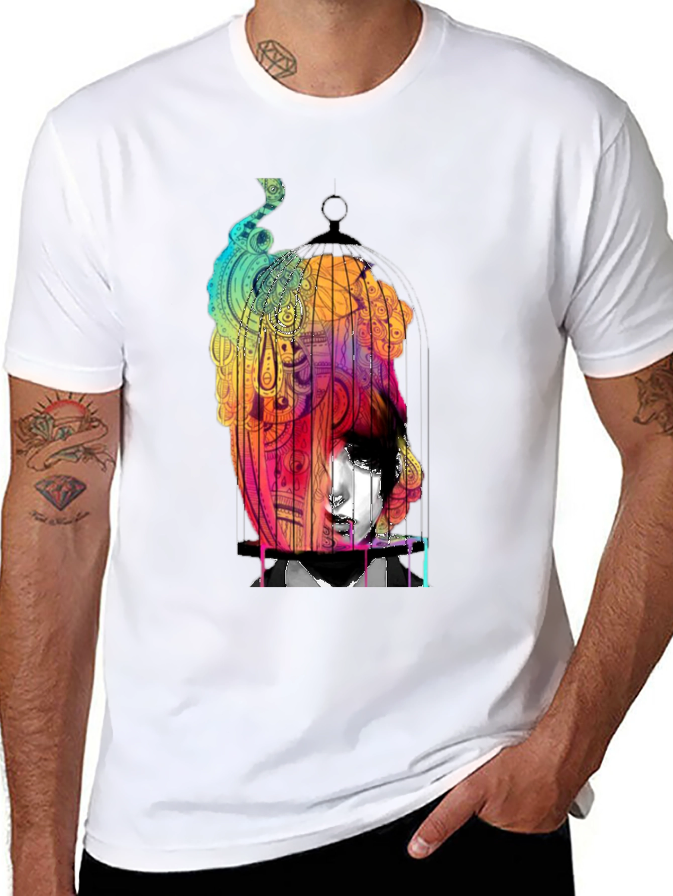 Abstract Birdcage Graphic Black T-Shirt