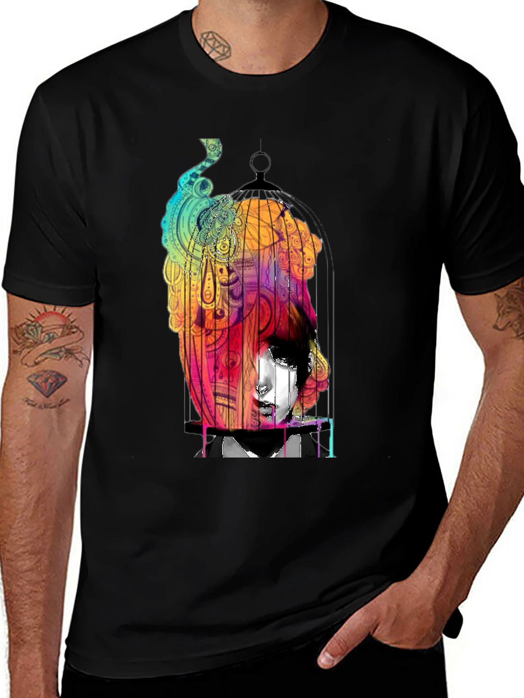 Abstract Birdcage Graphic Black T-Shirt