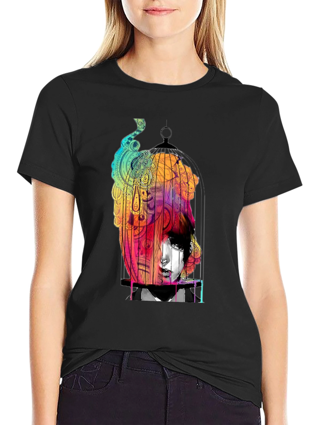 Abstract Birdcage Graphic Black T-Shirt