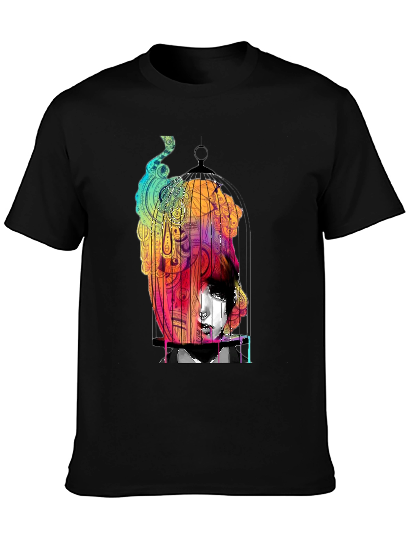 Abstract Birdcage Graphic Black T-Shirt