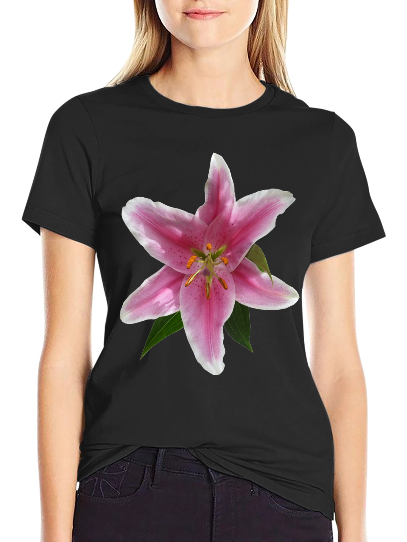 Floral Lily Graphic T-Shirt - Black Casual Tee
