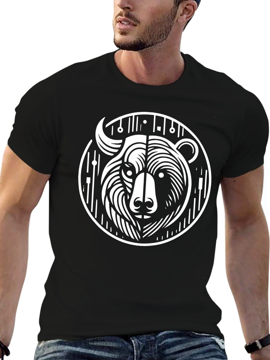 Black Graphic Tee - Abstract Bear Design