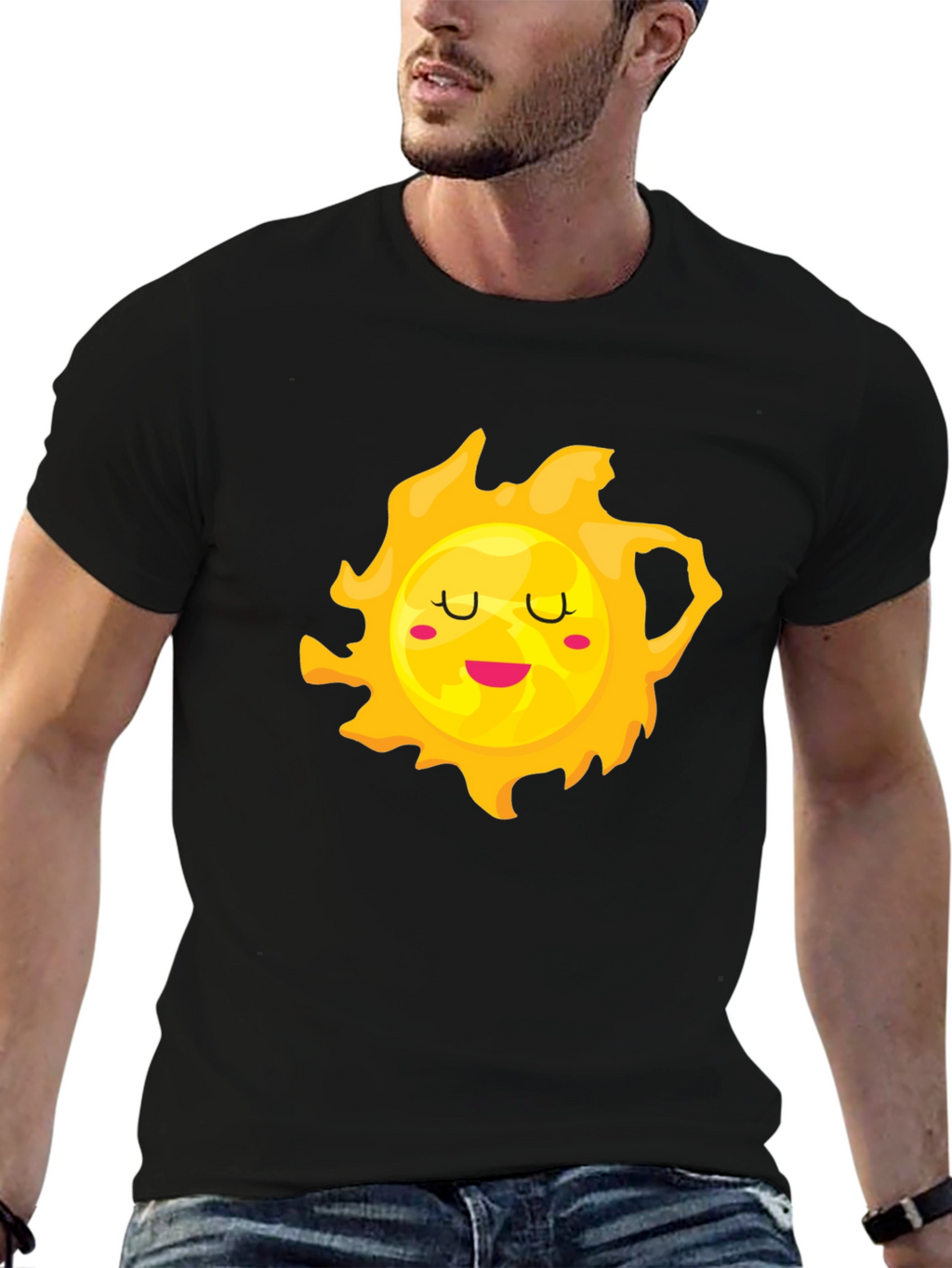 Cute Smiling Sun Graphic Tee - Black Cotton T-Shirt