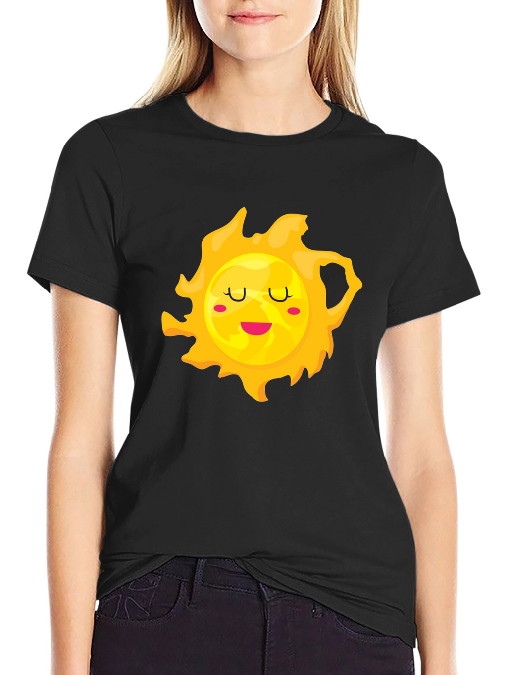 Cute Smiling Sun Graphic Tee - Black Cotton T-Shirt