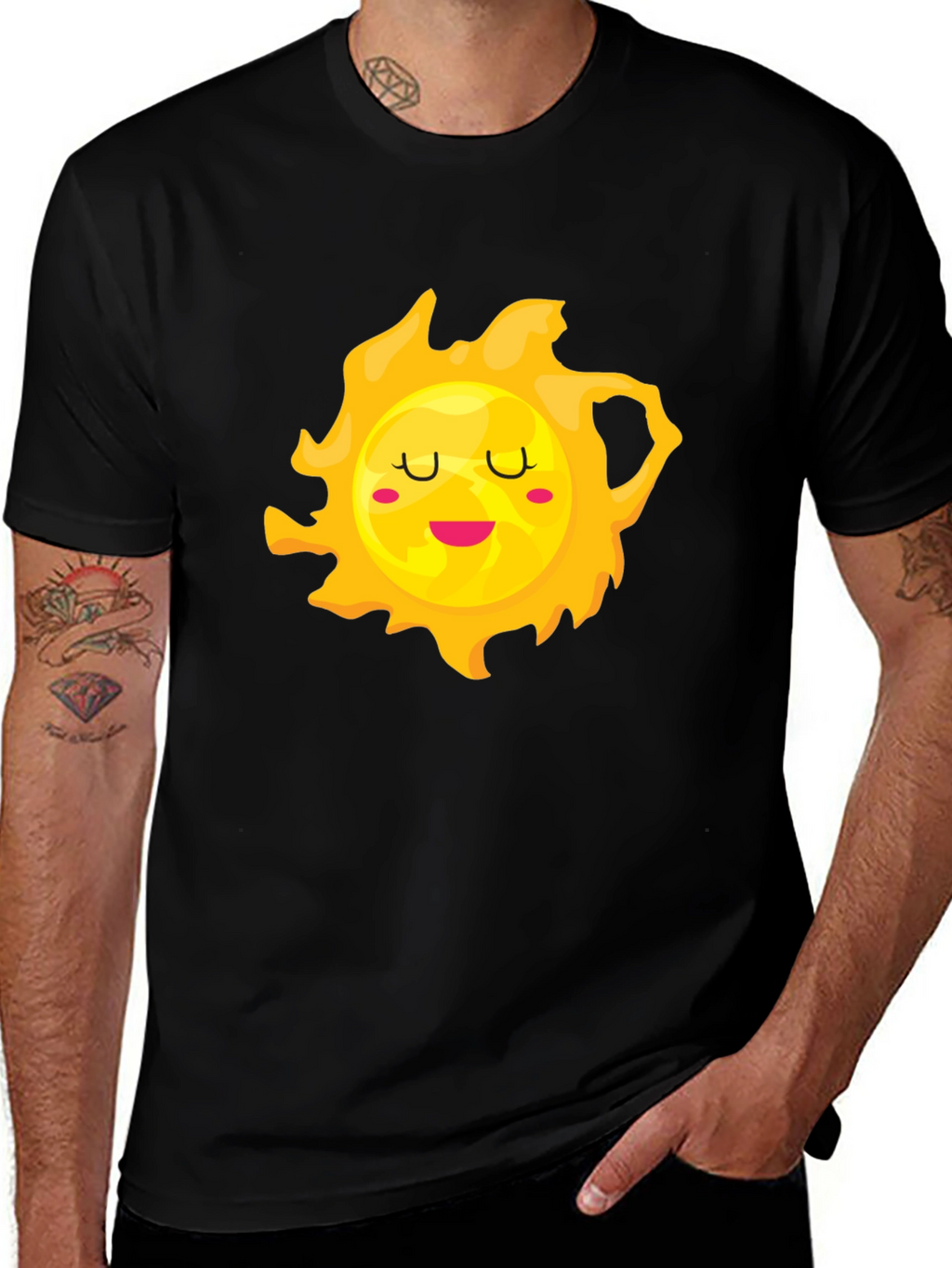 Cute Smiling Sun Graphic Tee - Black Cotton T-Shirt