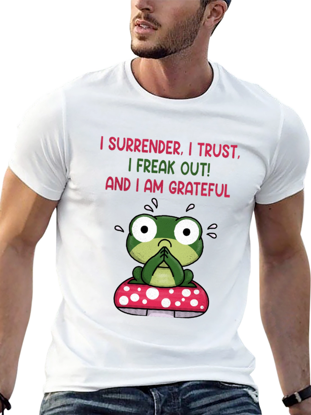 Frog on Mushroom T-Shirt - Surrender Trust Grateful Tee