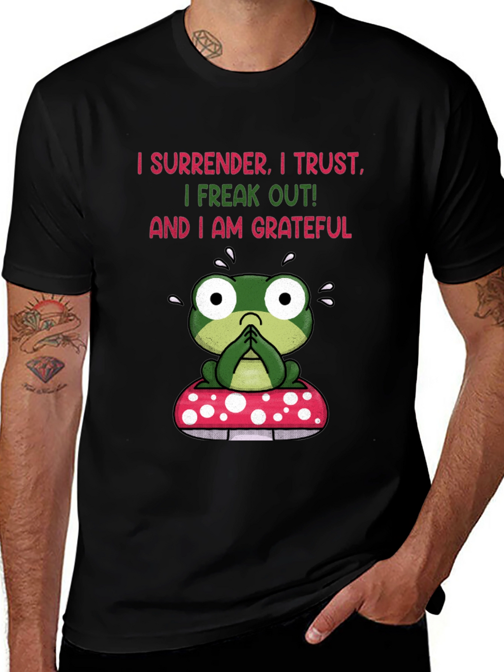 Frog on Mushroom T-Shirt - Surrender Trust Grateful Tee