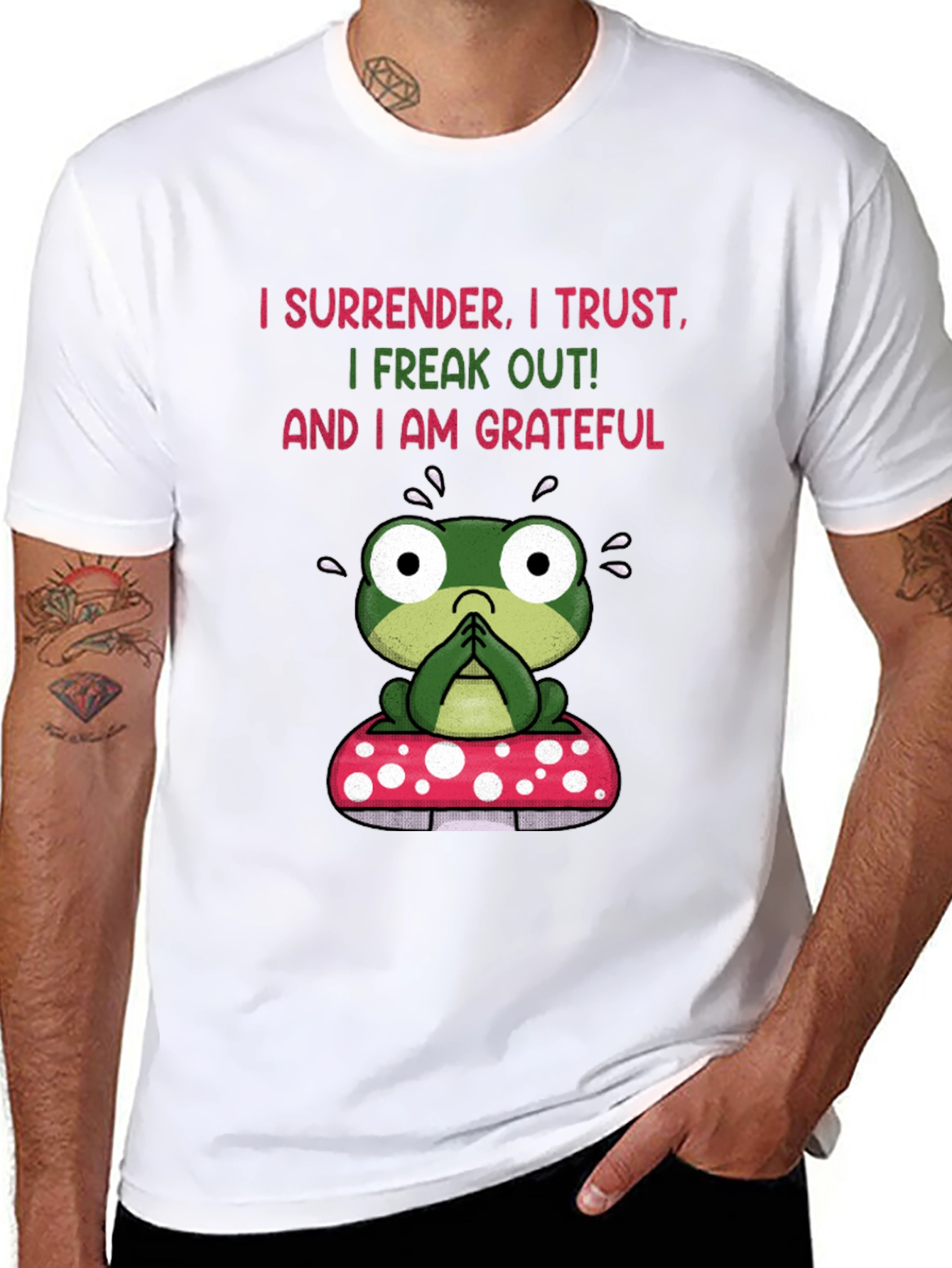 Frog on Mushroom T-Shirt - Surrender Trust Grateful Tee