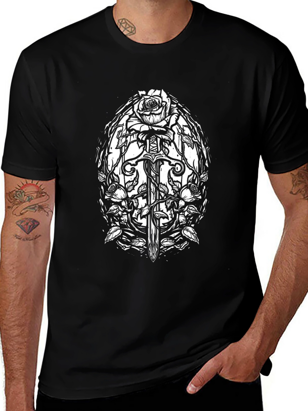 Black Rose Sword Graphic Tee - Gothic Style