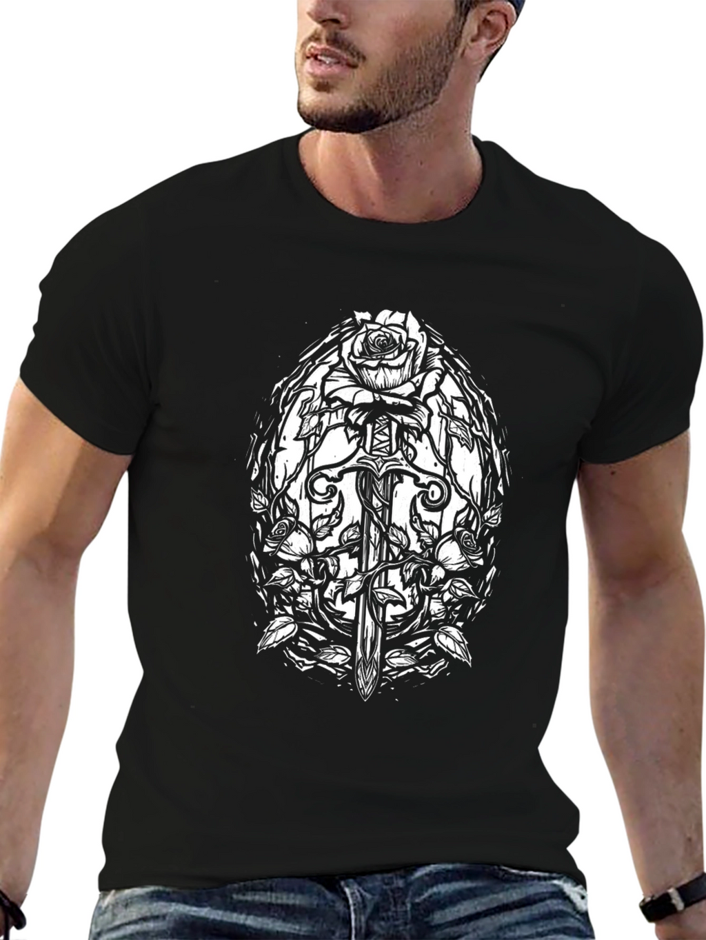 Black Rose Sword Graphic Tee - Gothic Style