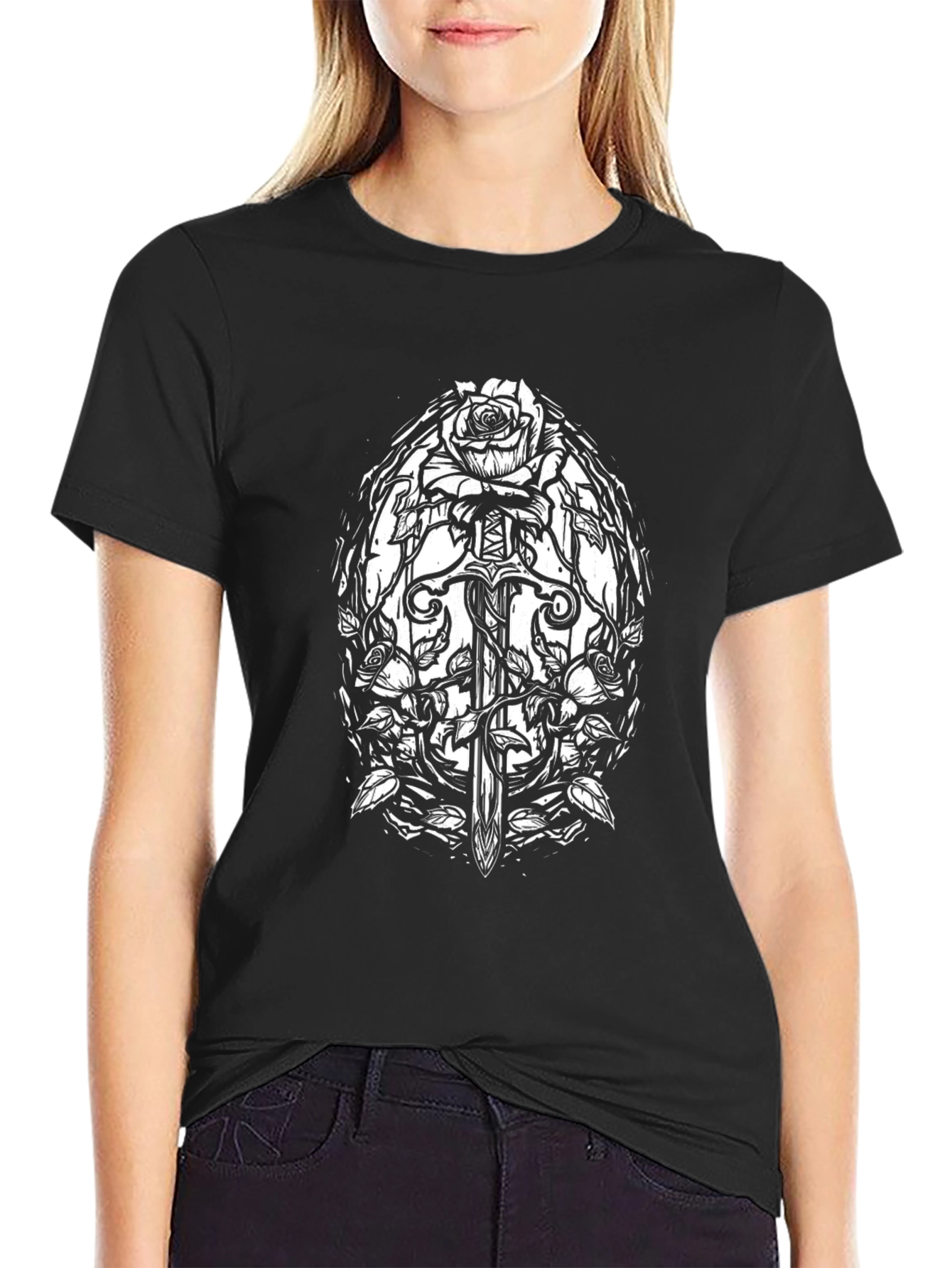 Black Rose Sword Graphic Tee - Gothic Style