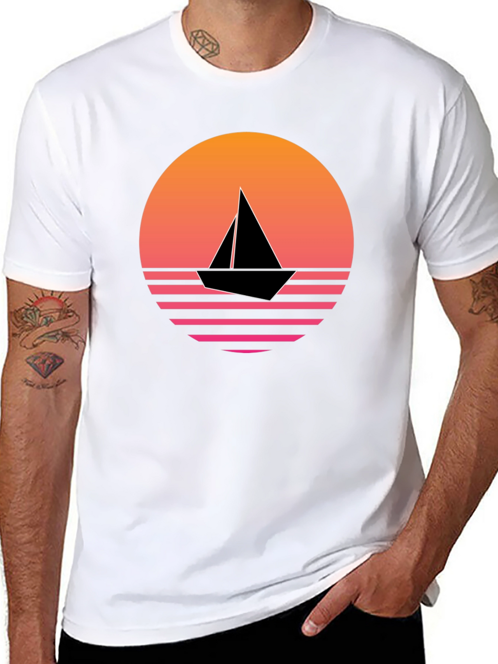 Retro Sunset Sailboat Graphic Tee - Black