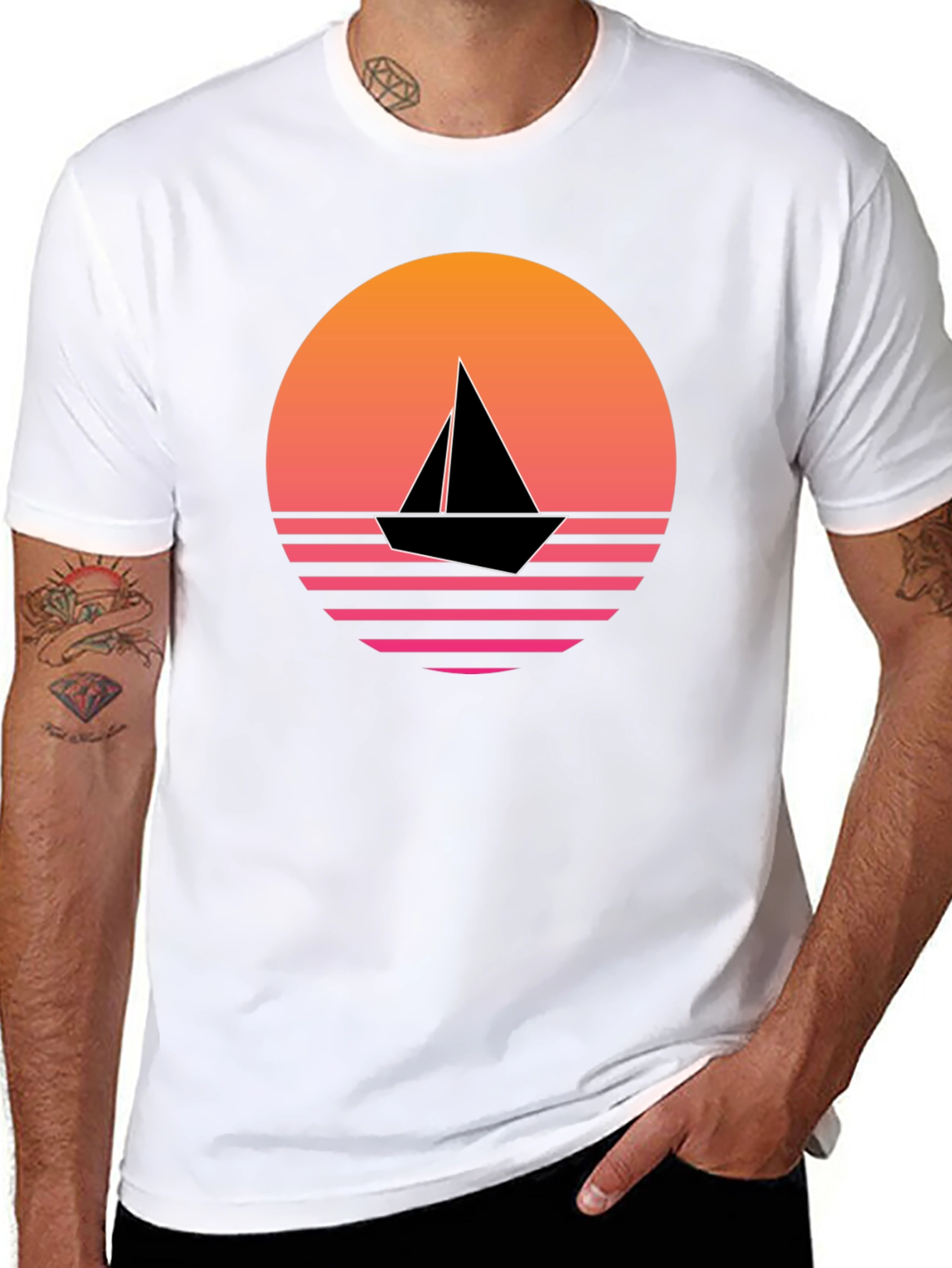 Retro Sunset Sailboat Graphic Tee - Black