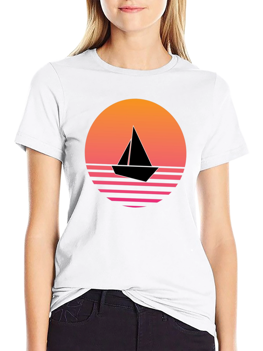Retro Sunset Sailboat Graphic Tee - Black