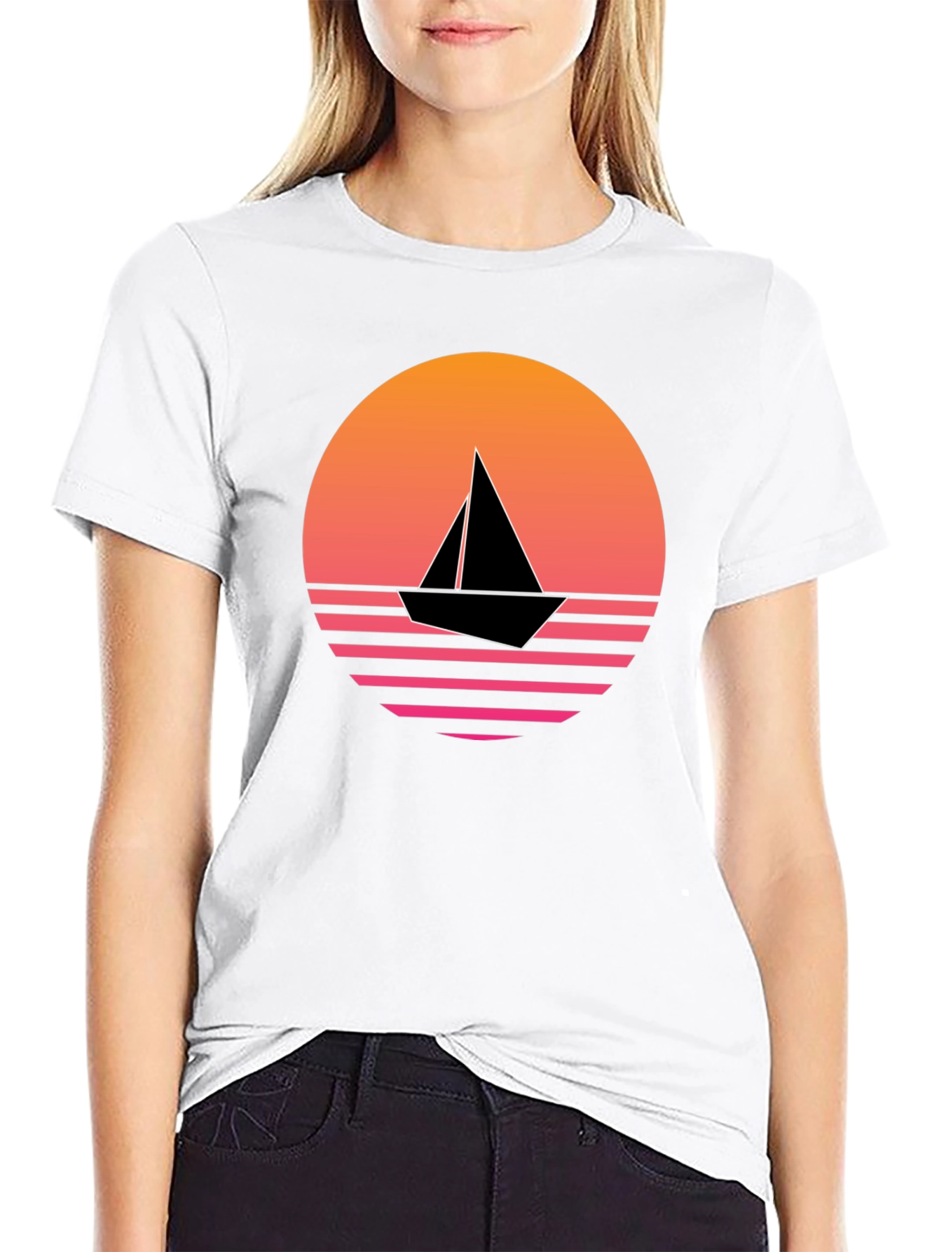 Retro Sunset Sailboat Graphic Tee - Black