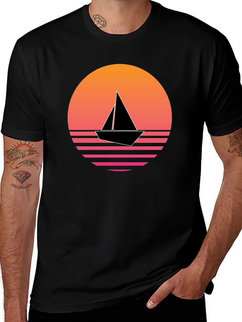 Retro Sunset Sailboat Graphic Tee - Black