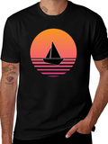 Retro Sunset Sailboat Graphic Tee - Black