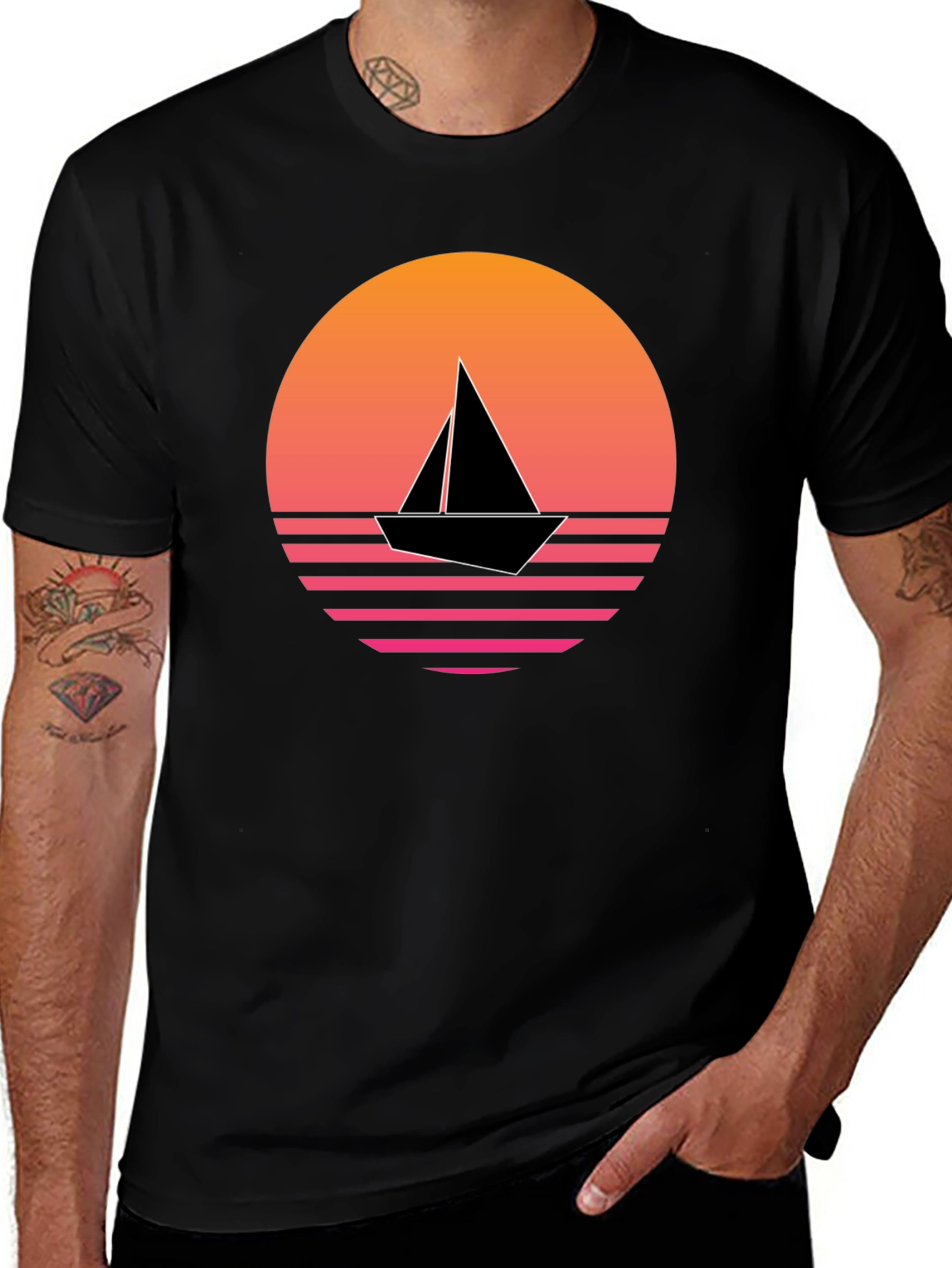 Retro Sunset Sailboat Graphic Tee - Black