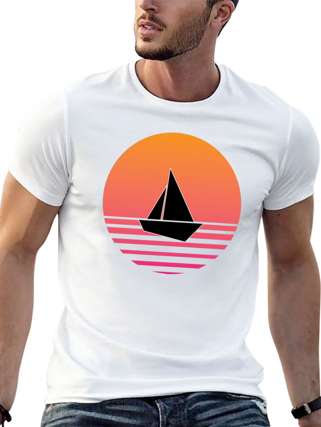 Retro Sunset Sailboat Graphic Tee - Black