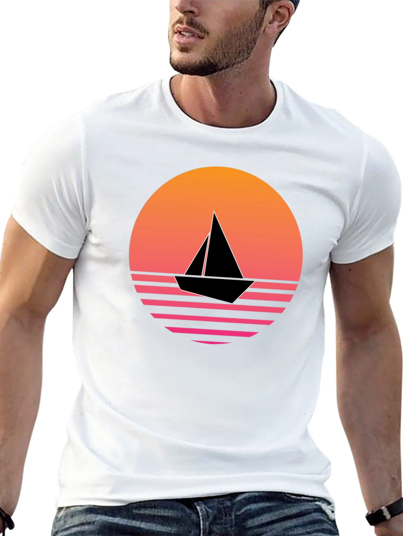 Retro Sunset Sailboat Graphic Tee - Black