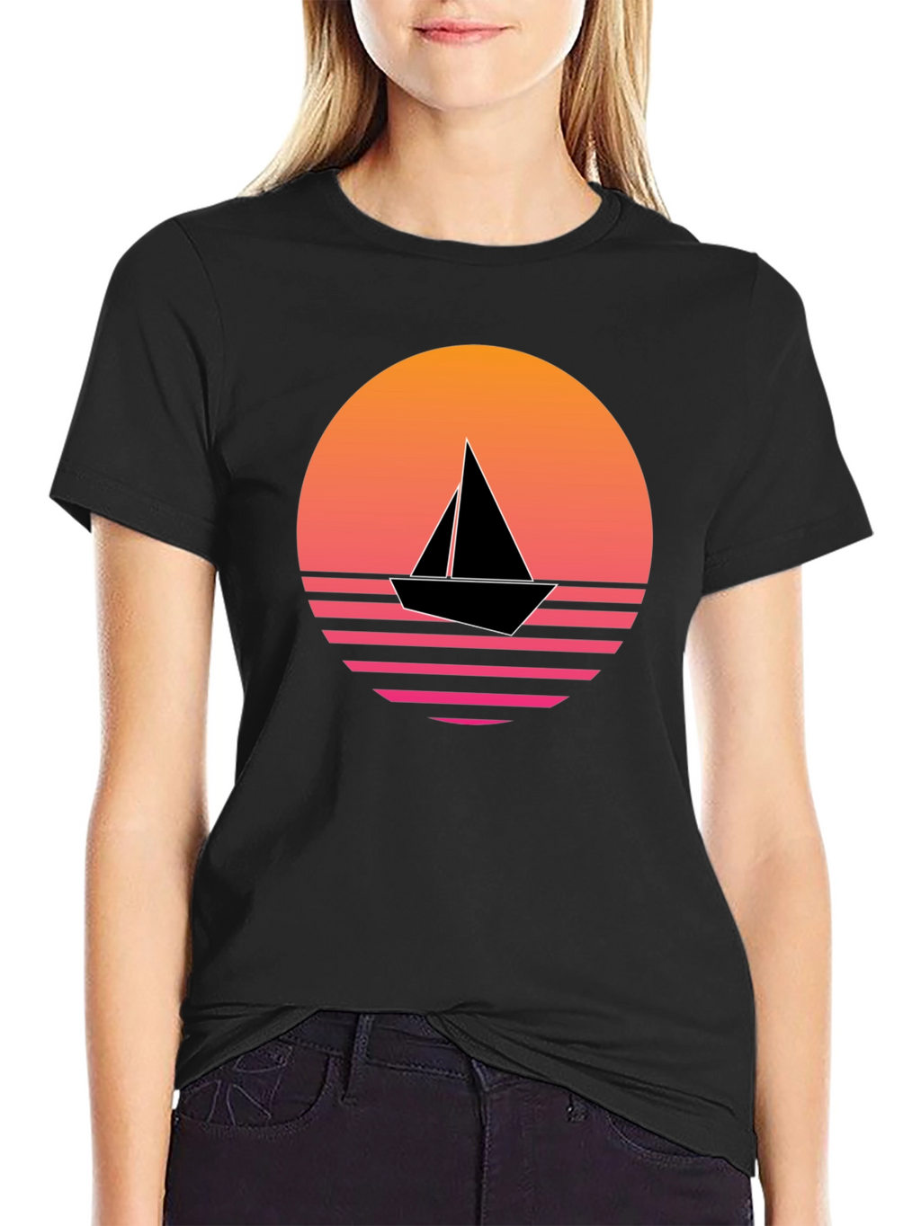 Retro Sunset Sailboat Graphic Tee - Black