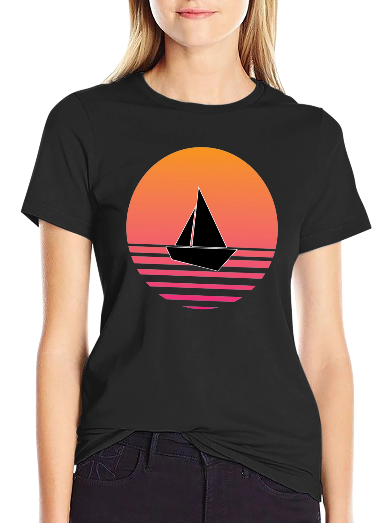 Retro Sunset Sailboat Graphic Tee - Black