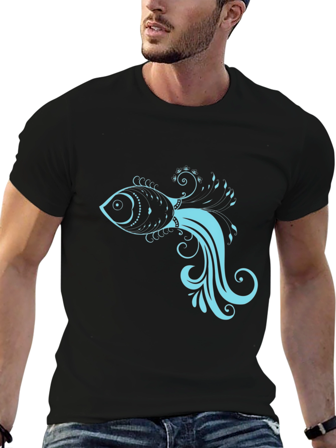 Black T-Shirt with Stylish Teal Fish Design
