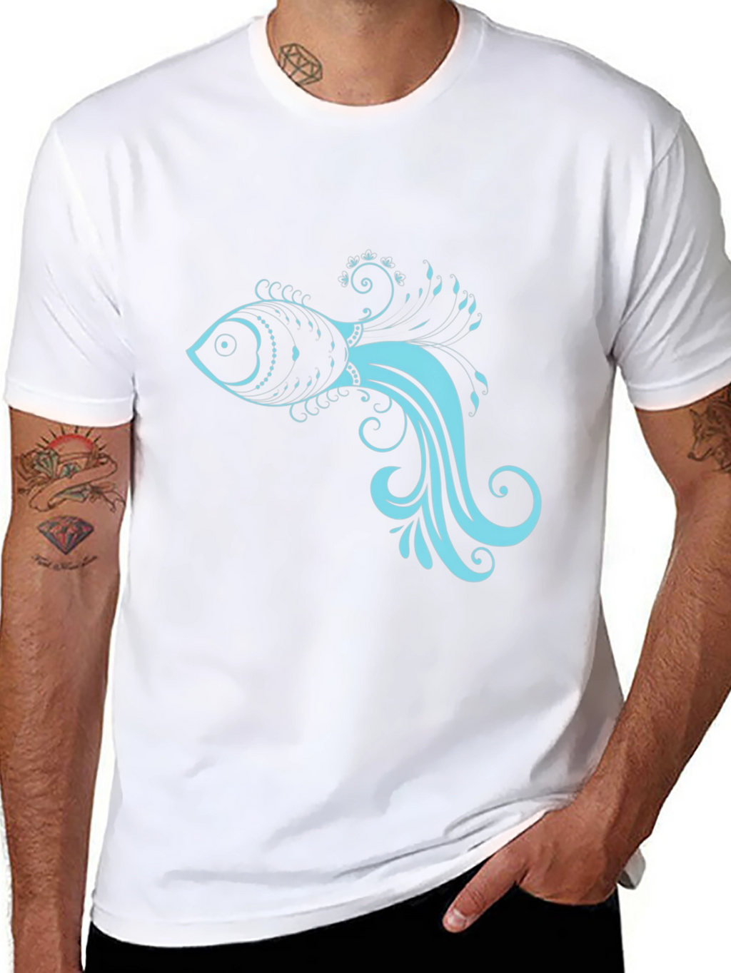 Black T-Shirt with Stylish Teal Fish Design