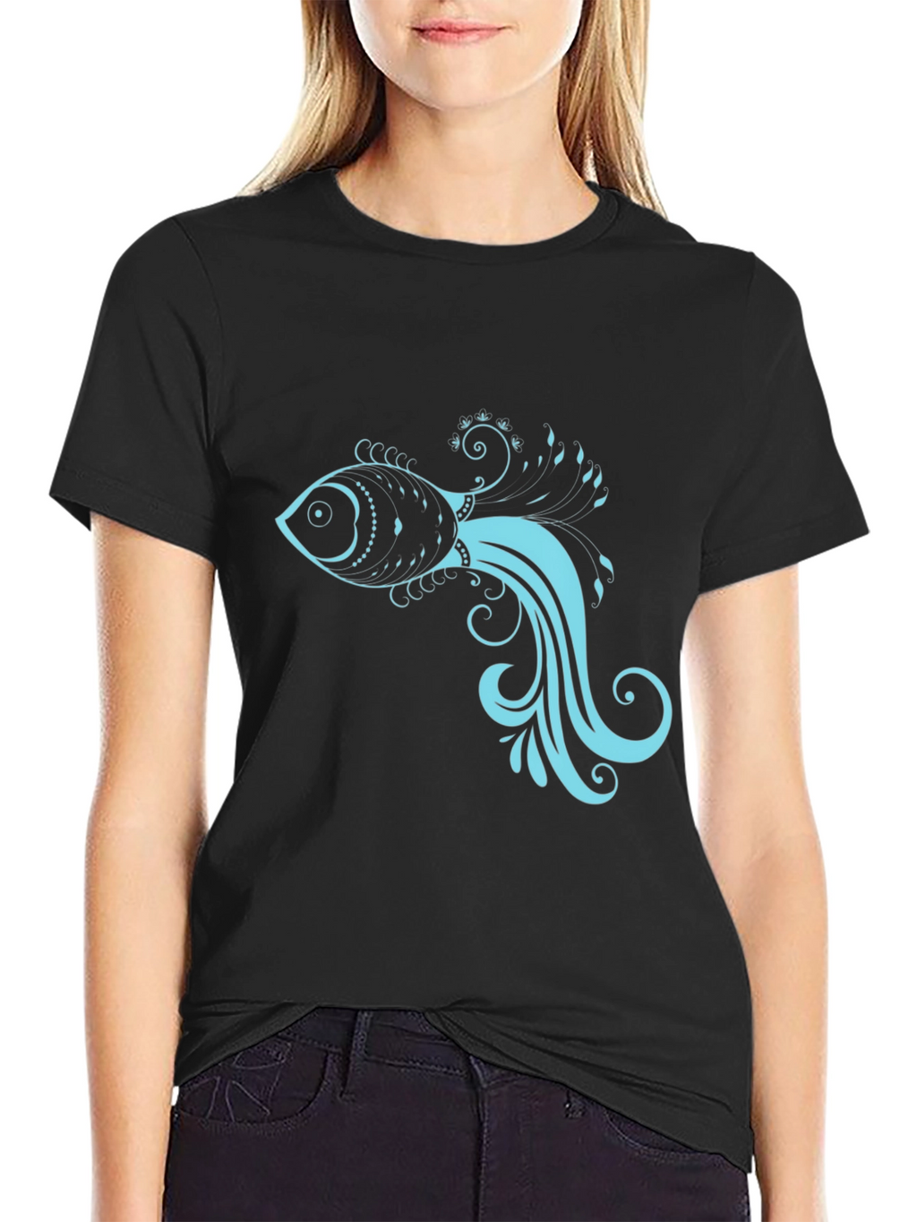 Black T-Shirt with Stylish Teal Fish Design