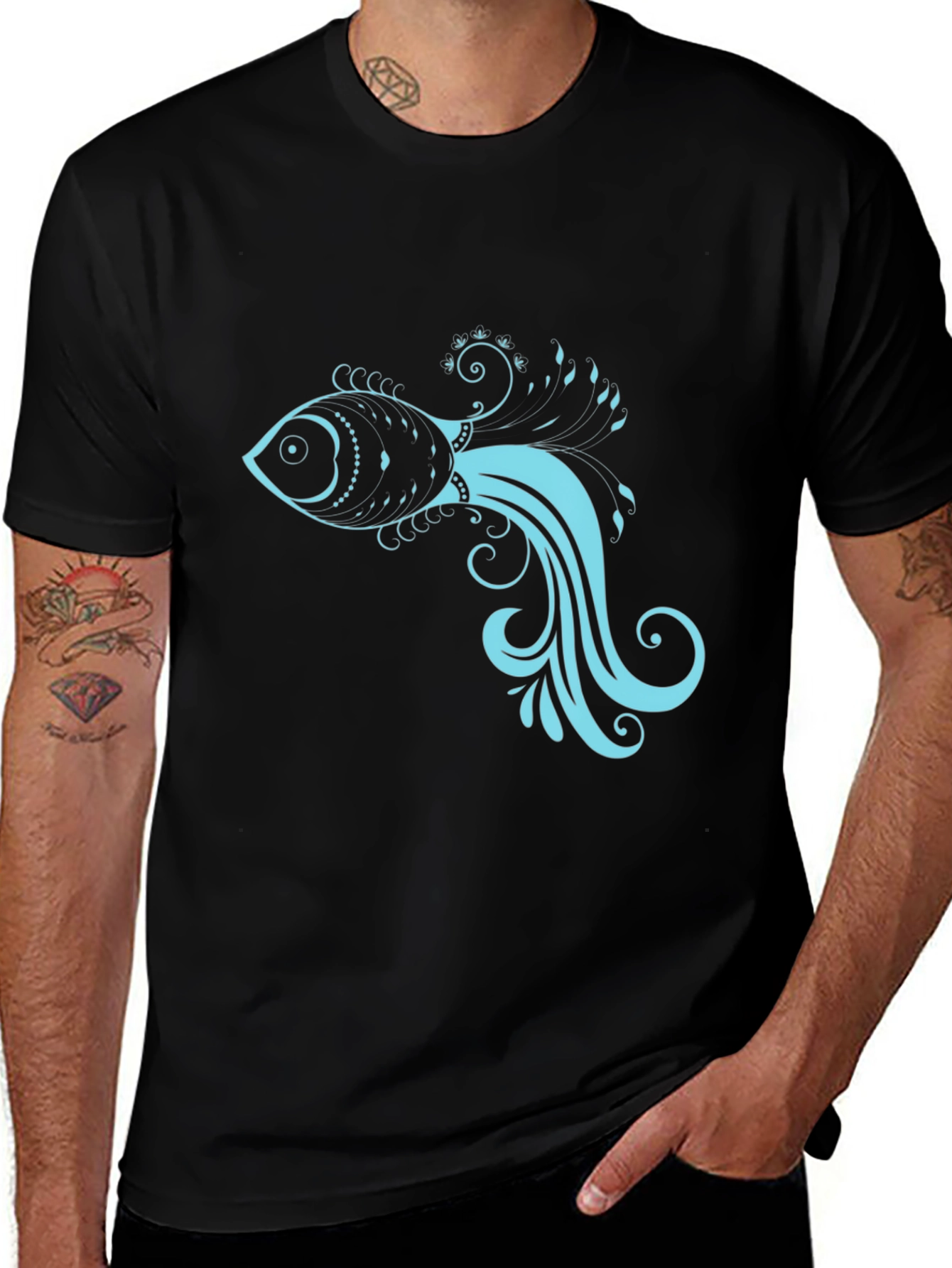Black T-Shirt with Stylish Teal Fish Design
