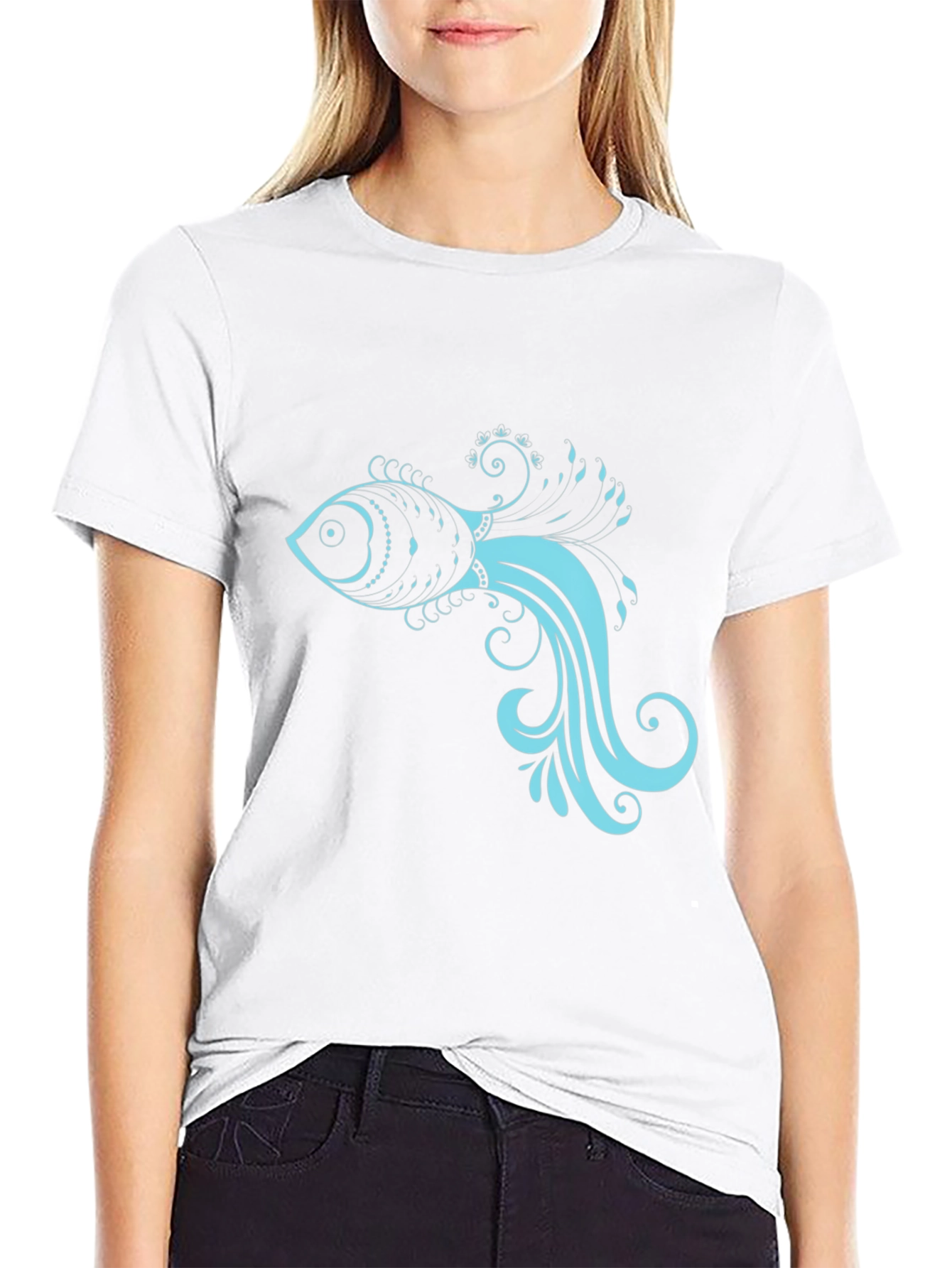 Black T-Shirt with Stylish Teal Fish Design