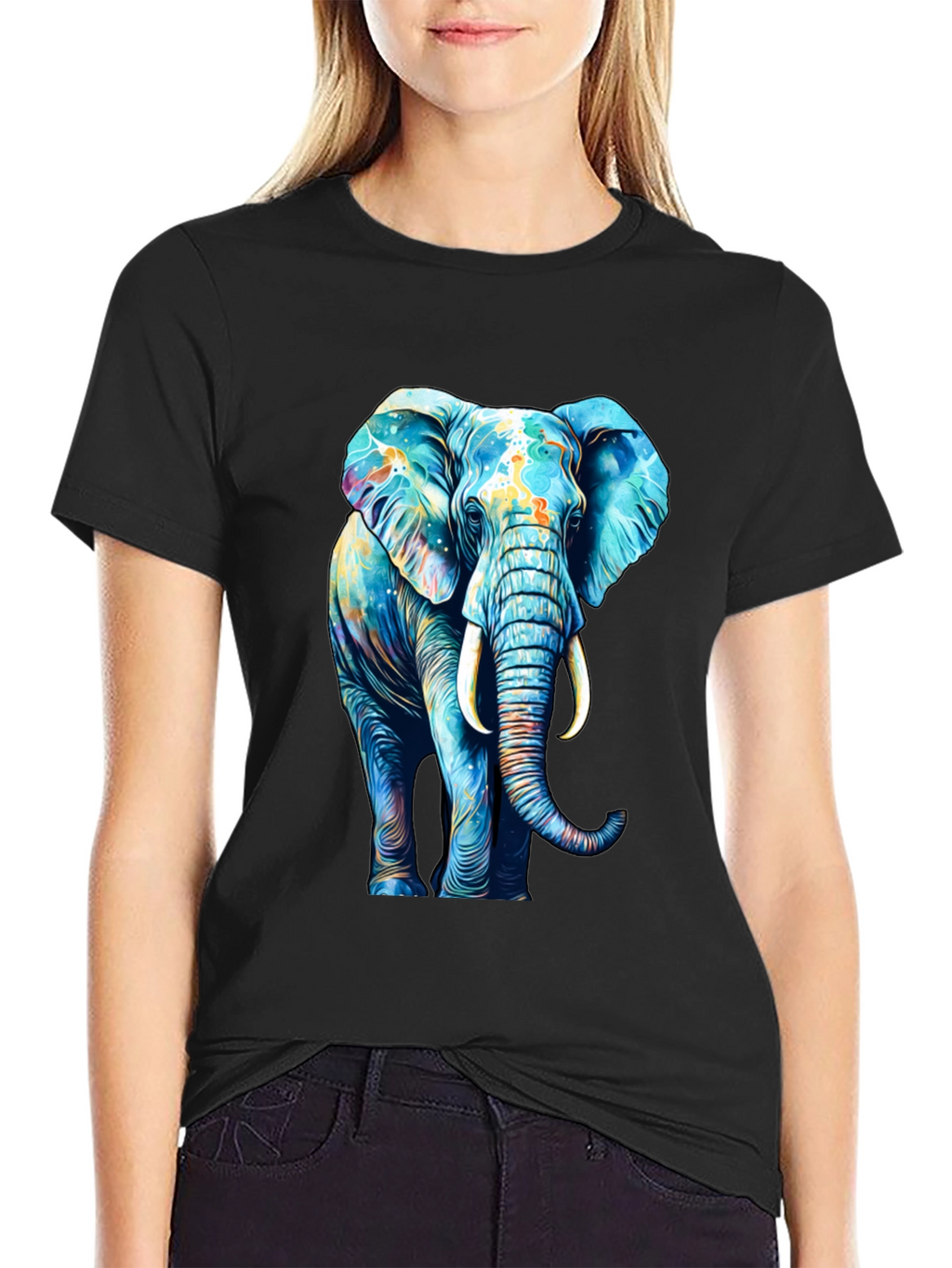 Vibrant Elephant Graphic Print Black T-Shirt