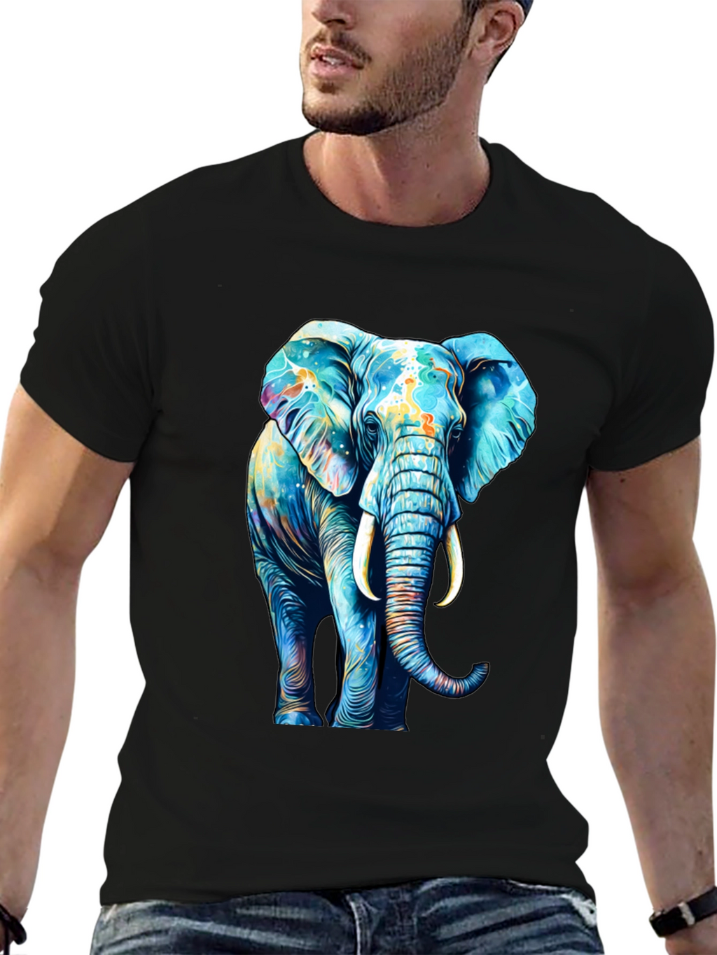 Vibrant Elephant Graphic Print Black T-Shirt