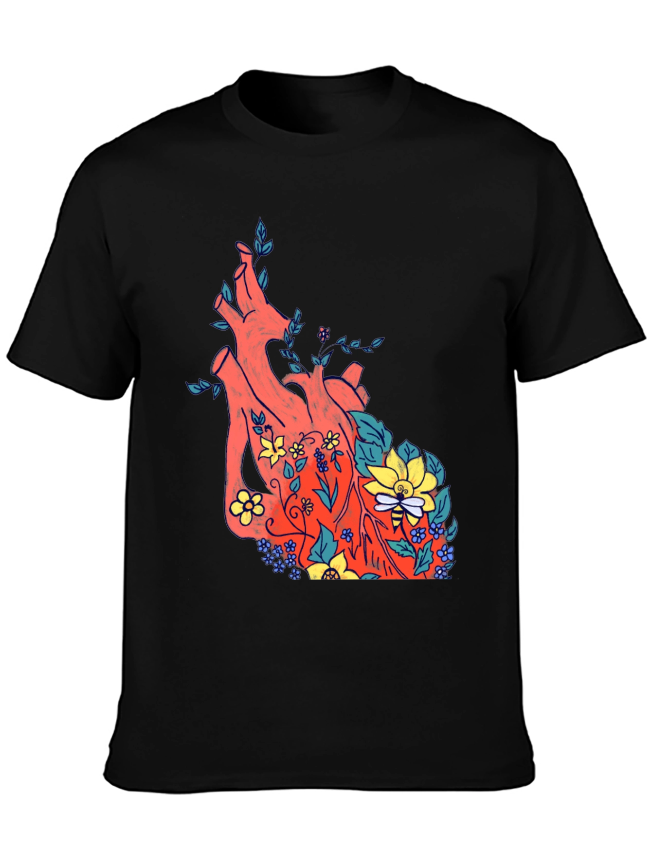 Floral Heart Print Black T-Shirt