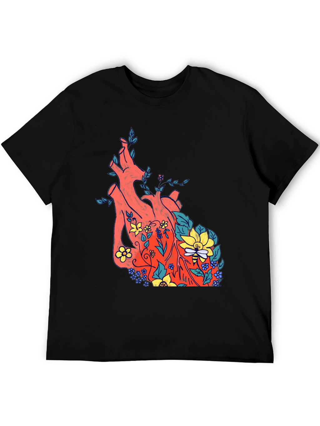 Floral Heart Print Black T-Shirt
