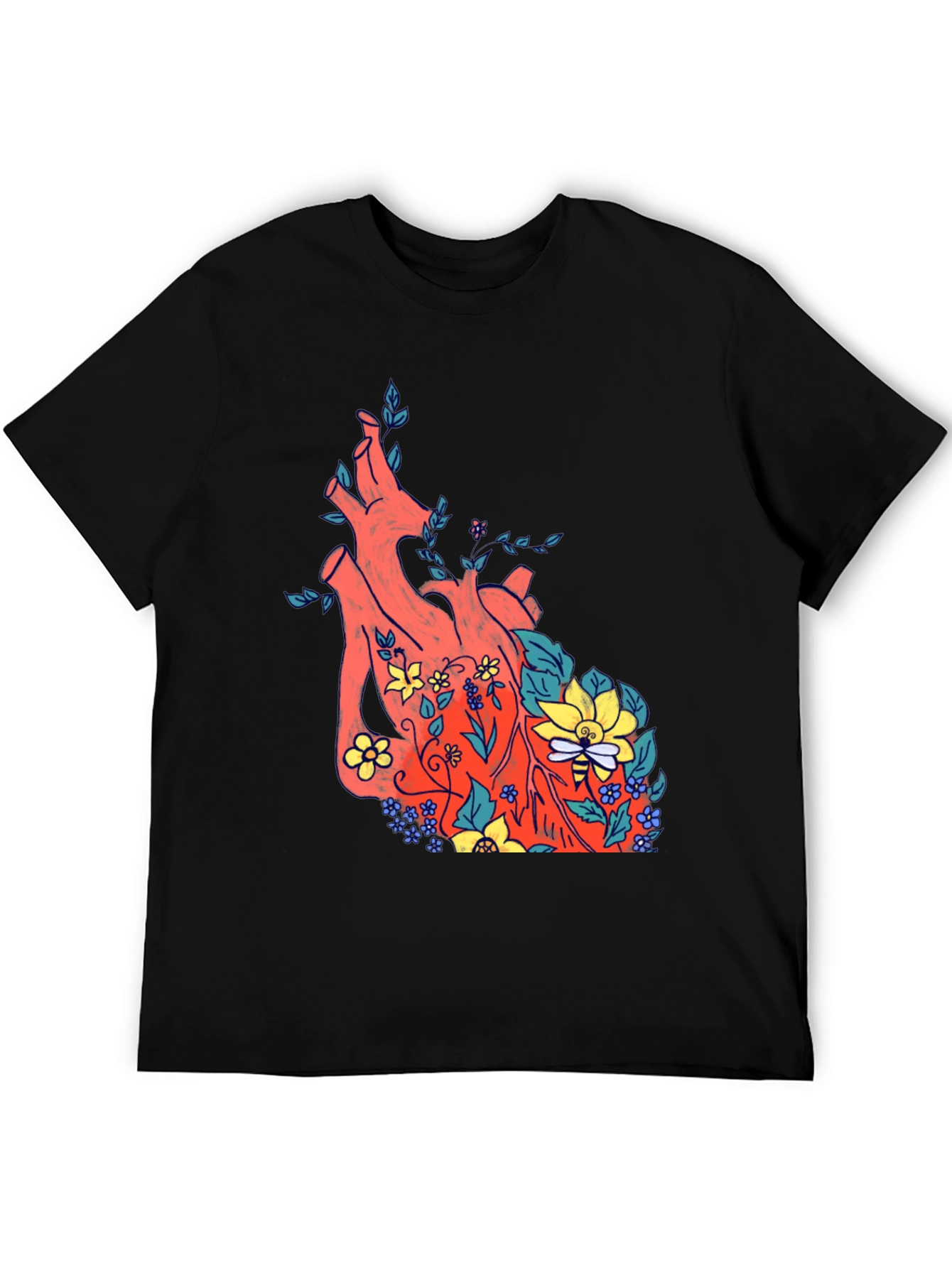 Floral Heart Print Black T-Shirt