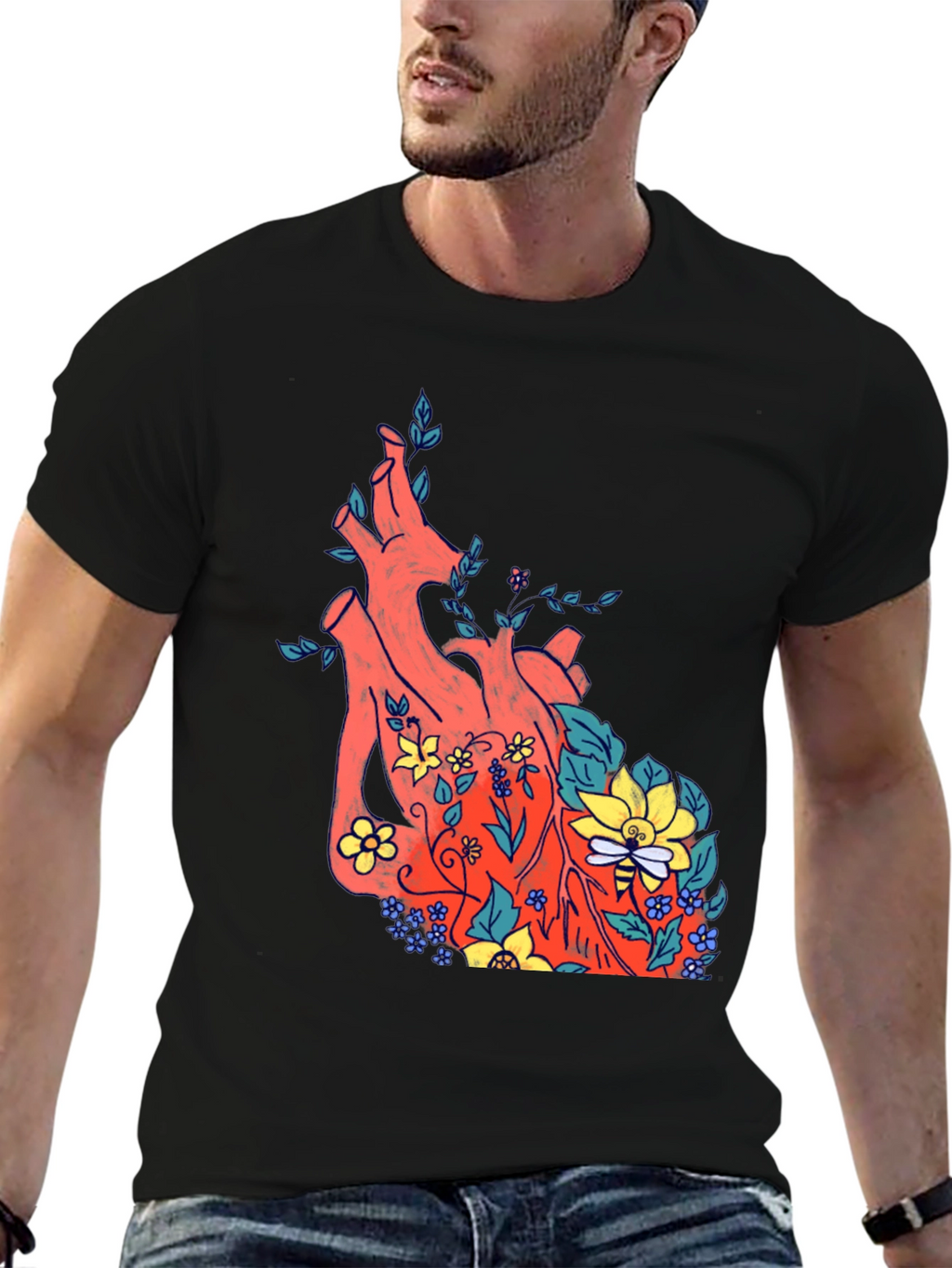 Floral Heart Print Black T-Shirt