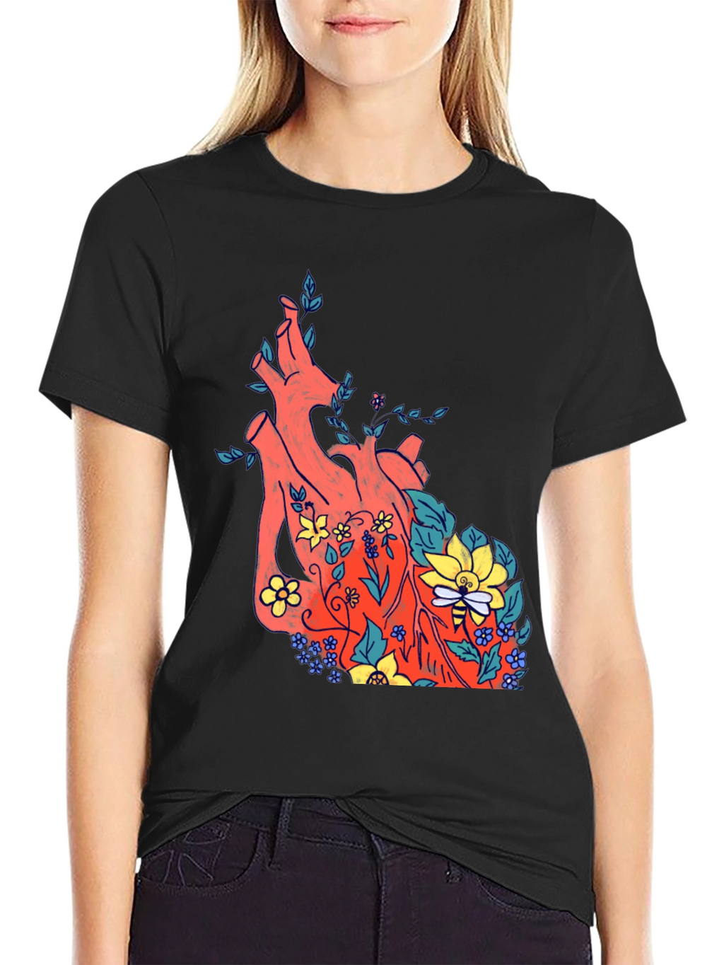 Floral Heart Print Black T-Shirt