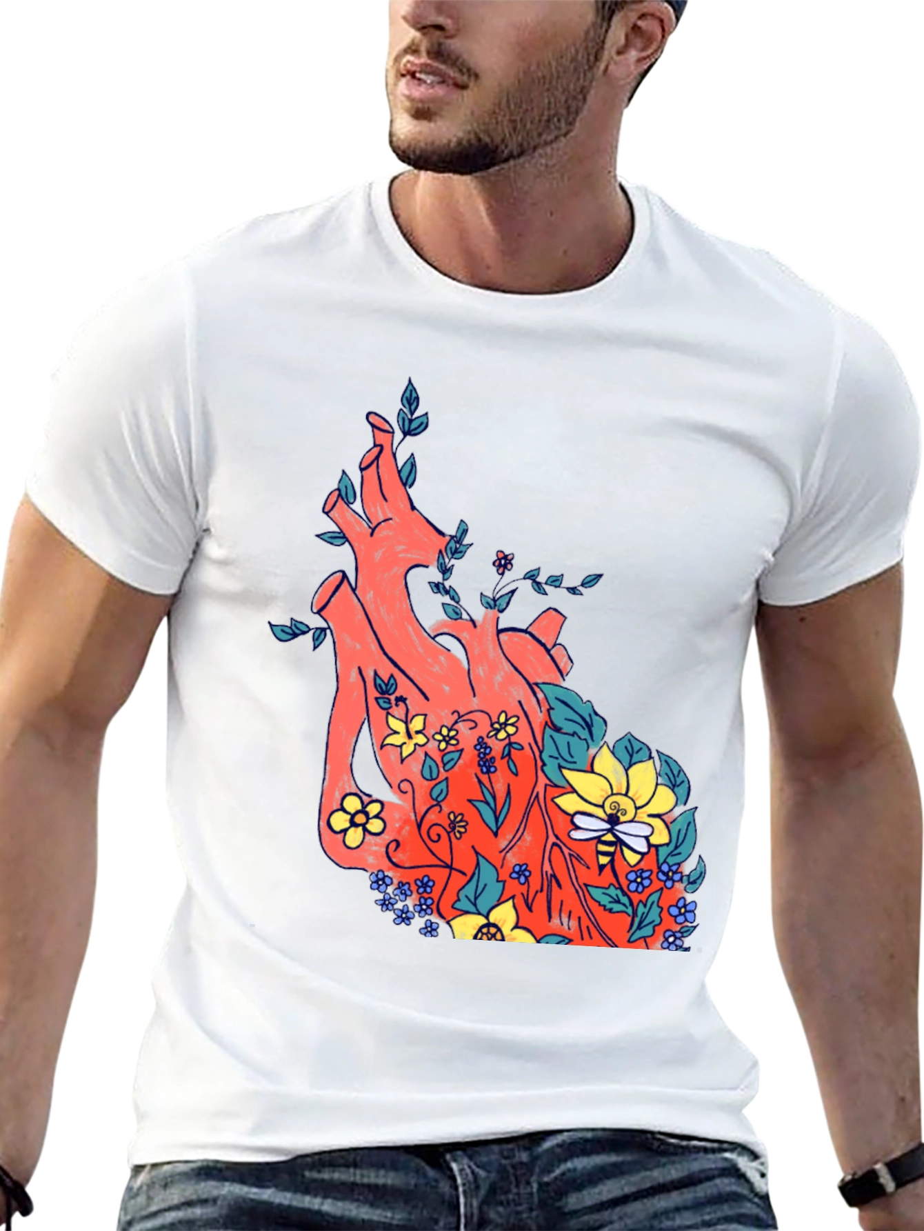 Floral Heart Print Black T-Shirt