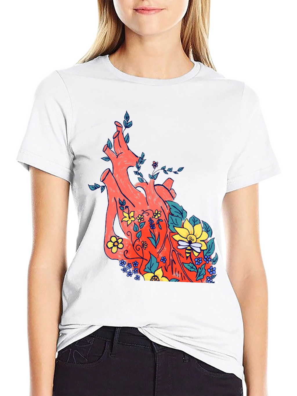 Floral Heart Print Black T-Shirt